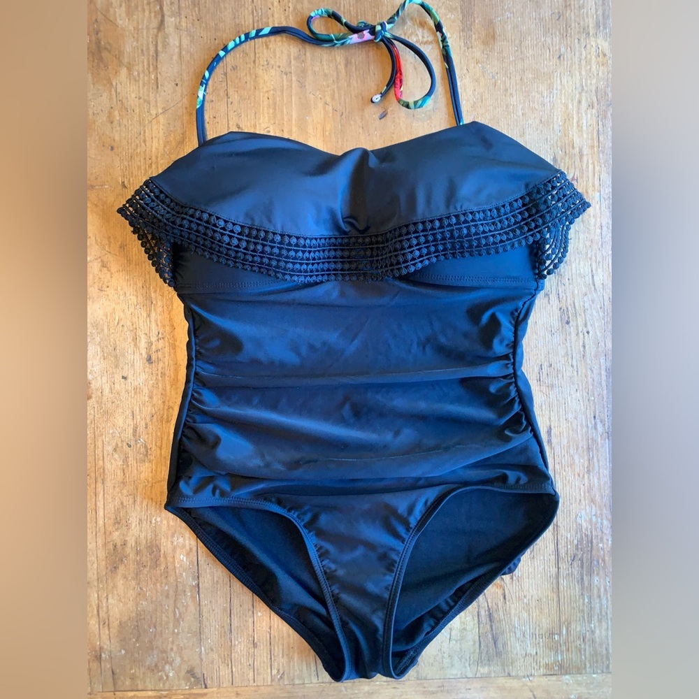 Womens Black One-Piece Swimsuit with Crochet Trim